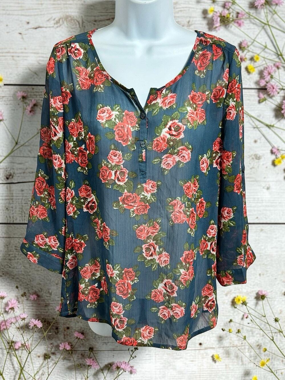 Bobbie Brooks Floral Semi Sheer Blouse Sz M Long Roll Tab Sleeves Blue Top